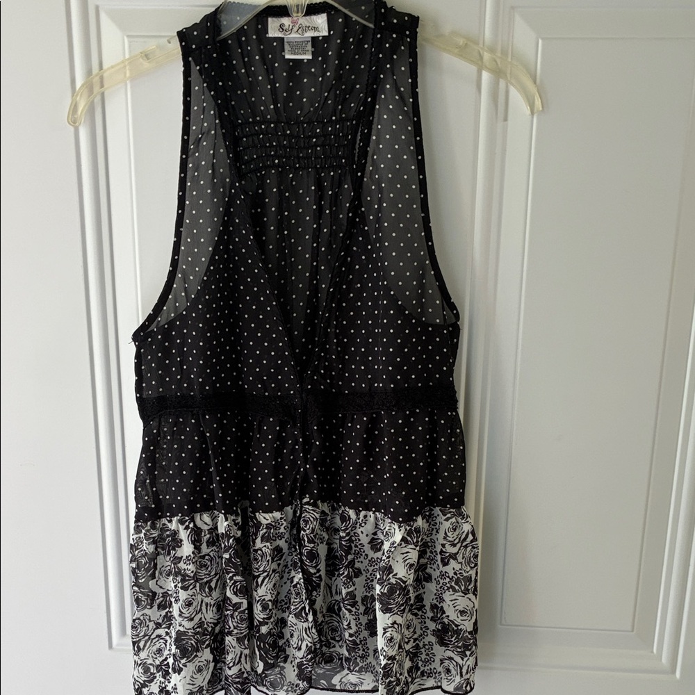 Self Esteem Black & White Polka Dot and Floral Tiered Tunic